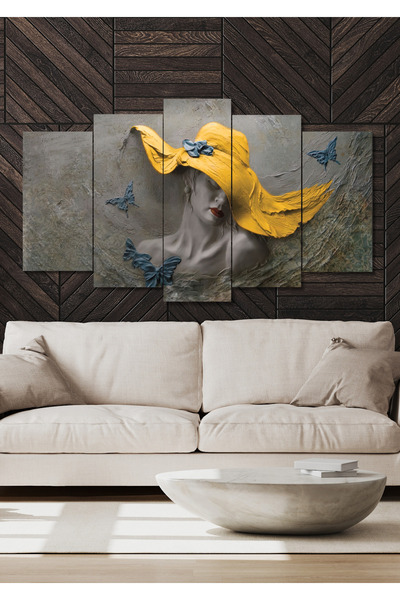 NT Handmade 5 Parça Sarı Şapkalı Kadın Duvar Dekoru Salon Oturma Yatak Odası ...