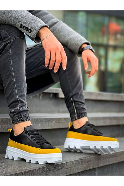 KAZAX Kb-056 Kuback Black Yellow Detailed White High Sole Casual Sneakers