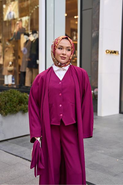 FMN Collection Design Vest, Loose Wide-Leg Pants, Long Belt Kimono Jacket, Muslim Matching Casual and Stylish Three-Piece Suit