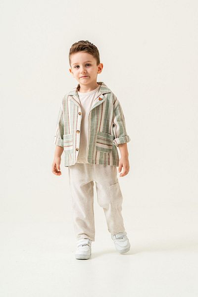 Magu Boys' 3 Piece Set – Striped Jacket, Linen Pants and Basic T-Shirt
