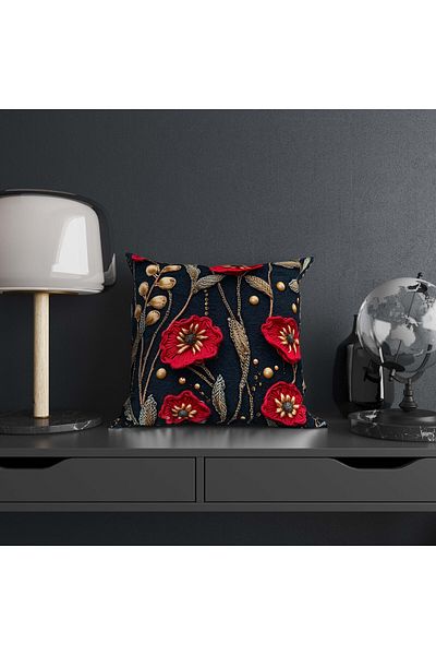 Şah Dekor Husă de pernă cu model de broderie cu pumn, imprimată digital, negru roșu, 4 piese