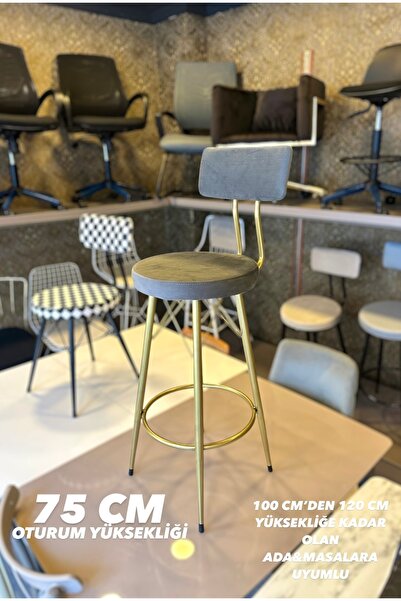 The SANDALYE SHOP Yeni Mila Bar Sandalyesi Mat(Eskitme) Gold Gri Babyface Kum...