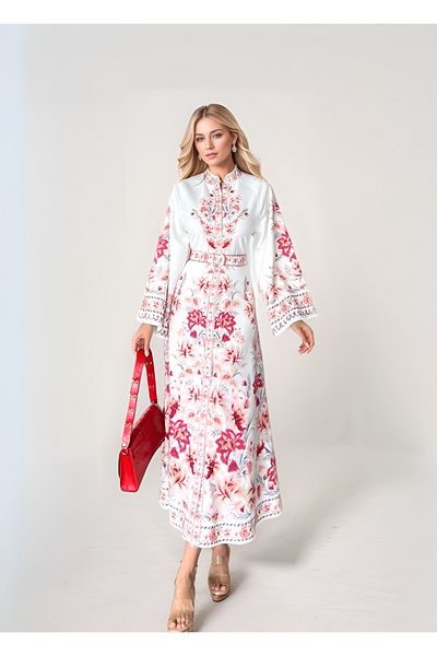 WellWay Atlas Fabric Floral Patterned Dress (Belt Included)-Red