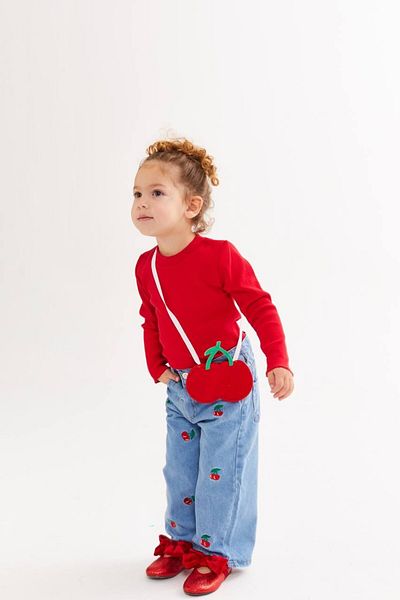 Elidabutik Cherry Printed Pants Red Top and Bag Set of 3
