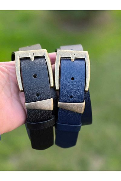 Kemerix 100% Genuine Leather Antique Finish Buckle 3.2 cm Black-Navy Blue 2-Piece Belt Set