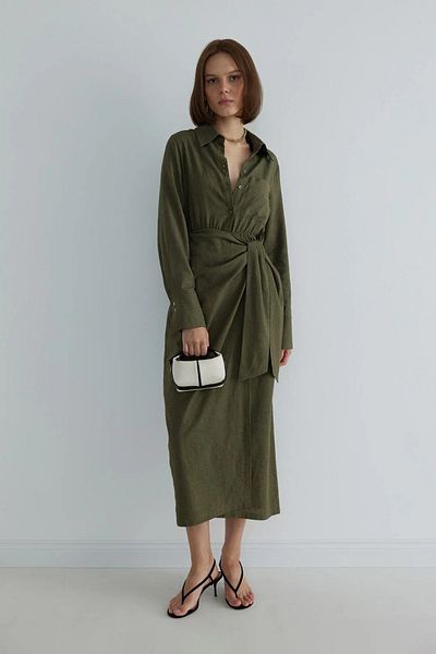 Suud Collection Khaki lněné šaty - zavinutý límec, bezbarvá barva