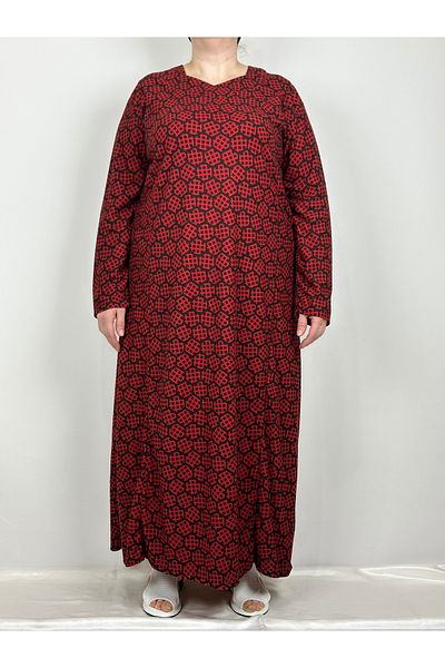 YAŞAR TRİKO Women's Black Red Pentagonal Neck Long Sleeve Suede Mother Dress