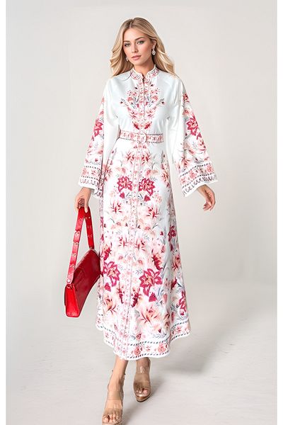 WellWay Atlas Fabric Floral Patterned Dress (Belt Included)-Red