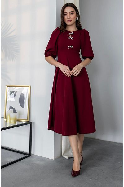 Afiş Butik Burgundy Bow Detail Chest Cutout Half Sleeve Midi Dress