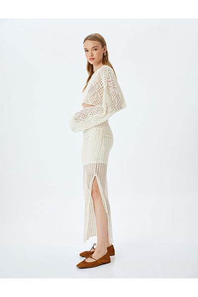 Koton Linen ajoure split detail high rise midi skirt.