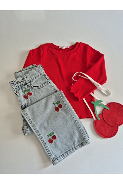 HNKİDS Kiraz Baskılı %100 Pamuklu İspanyol Paça Pantolon & Bluz Çanta Hediyeli 3'lü Kız Çocuk Alt Üst Takım