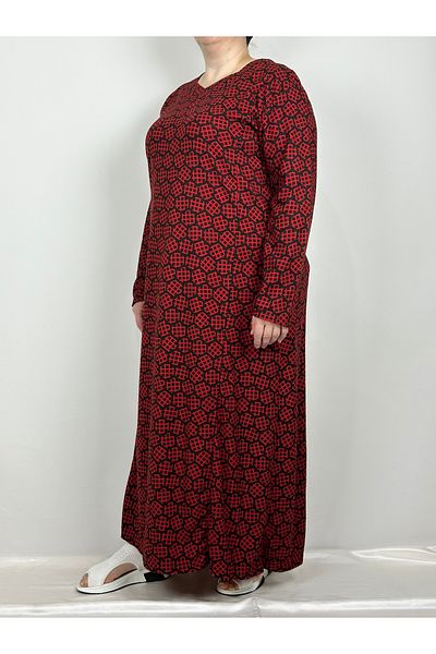 YAŞAR TRİKO Women's Black Red Pentagonal Neck Long Sleeve Suede Mother Dress