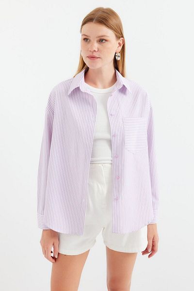 MODAVERA 20212 Single Pocket Striped Oversize Shirt - Pink
