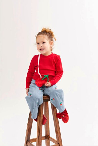 HNKİDS Kiraz Baskılı %100 Pamuklu İspanyol Paça Pantolon & Bluz Çanta Hediyeli 3'lü Kız Çocuk Alt Üst Takım