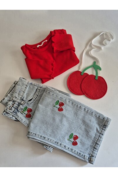 HNKİDS Kiraz Baskılı %100 Pamuklu İspanyol Paça Pantolon & Bluz Çanta Hediyeli 3'lü Kız Çocuk Alt Üst Takım