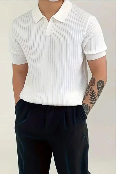 Oksit Tricou tricotat pentru bărbați, cu dungi Lycra, cu gât polo, tricotat