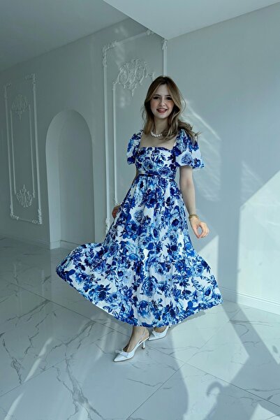 HELİS BUTİK Mavi Beyaz Çiçekli Kare Yaka Elbise