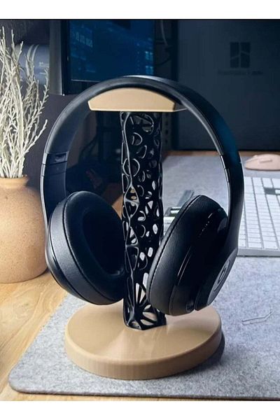3D Brothers Headphone Stand with a Modern Geometric Design - Sturdy Circular Base and Black Engraved Support
