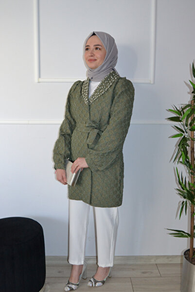 ASELA. İNCİ TAŞ DETAY JAKARLI TESETTÜR CEKET PANTOLON TAKIM
