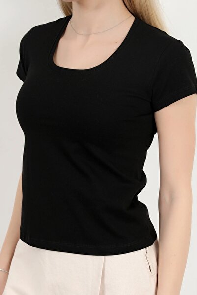 RenkliEvren Kare Yaka Basic Kadın Badi Tişört T-shirt Full Likralı Imalattan