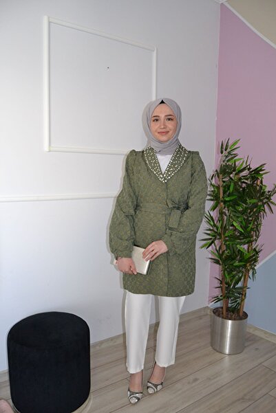 ASELA. İNCİ TAŞ DETAY JAKARLI TESETTÜR CEKET PANTOLON TAKIM