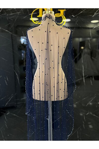 Rüveyda Lacivert Duvak Kristal Taş İşlemeli İnci Çakmalı