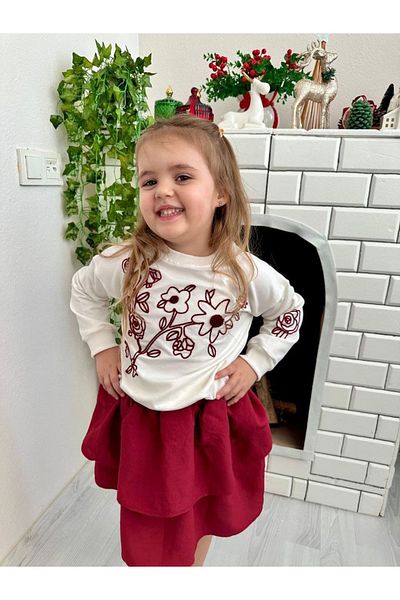 Prime Butik Red Bordo Flower Embroidered Girl's Skirt Suit