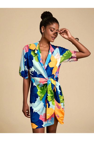 FASHION COCKTAIL Rochie de primăvară sezonieră cu mânecă scurtă, în culori pastelate colorate