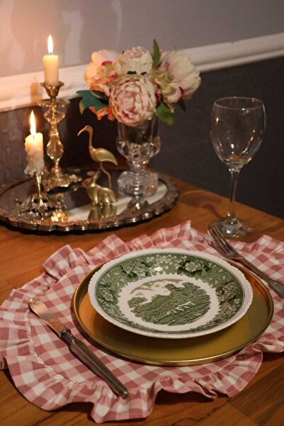 vintagetasarım Amerikan Servis Oval Pötikare Fırfırlı Vintage2 Adet Duck Keten