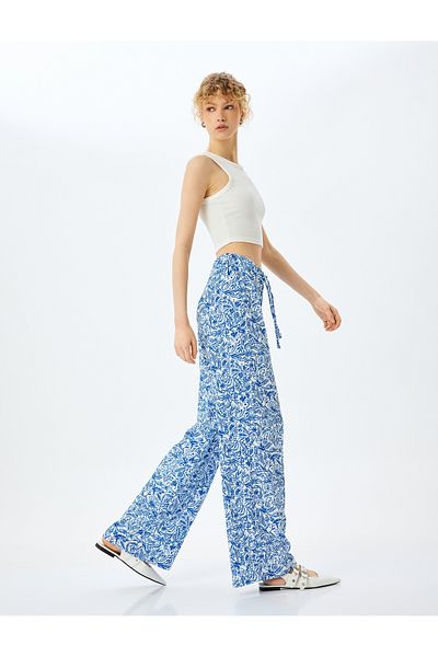 Koton New Season Waist Lace-Up Wide Leg Patterned Trousers