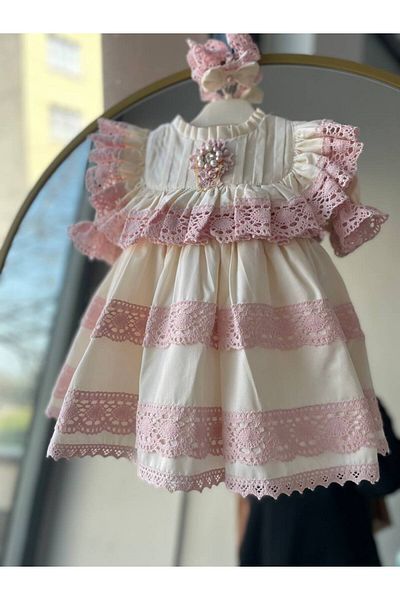 Sare Çocuk Giyim Baby Girl Special Design Vintage Powder Lace Natural Cotton Fabric Princess Mevlüt Dress + Buckle
