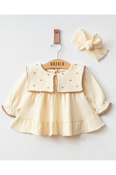 Jammybaby Maita Elbise Kalp Nakışlı Kare Mendil Yakalı %100 Pamuk Waffle Dantelli Bandanalı Kız Bebek Takım