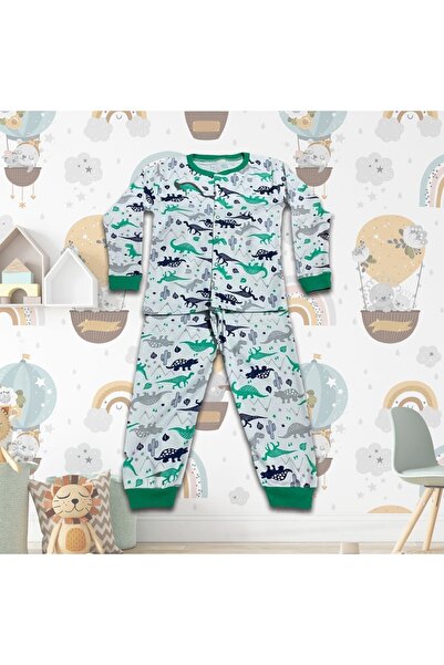 By Cwhr Pamuklu Önden Çıtçıtlı Dinozor Baskılı Erkek Çocuk Pijama Takımı Mevsimlik Erkek Çocuk Pijama Takımı