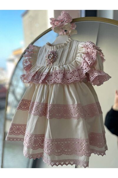 Sare Çocuk Giyim Baby Girl Special Design Vintage Powder Lace Natural Cotton Fabric Princess Mevlüt Dress + Buckle