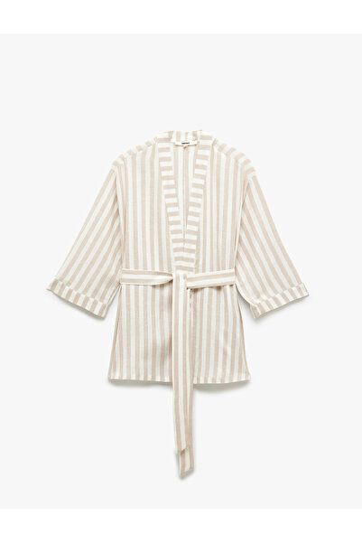 Koton Double Breasted Viscose Linen Kimono Jacket with Belt Detail