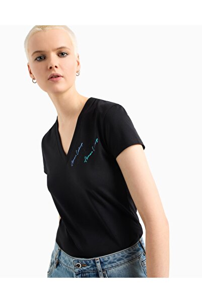 Armani Exchange Γυναικείο κοντομάνικο μπλουζάκι, μαύρο υφαντό ύφασμα με λαιμόκοψη XW 000600 AF10355-UC001