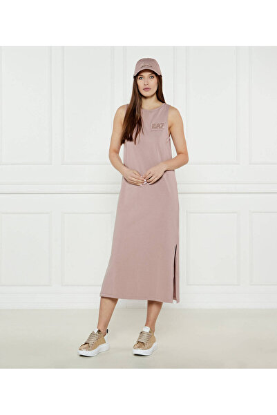 EA7 Rochie de seară roz, fără mâneci, cu model EA7, cu decolteu rotund, cu tăietură normală, cu model de logo, fără mâneci