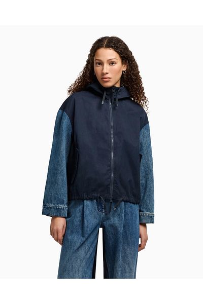 Armani Exchange Women's Regular Fit Hooded Denim and Woven Blend Long Sleeve Navy Jacket Xw 000557   Af12845-Mb1
