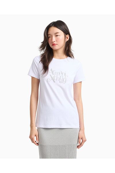 Armani Exchange Women's Regular Fit Round Neck Glitter Logo Short Sleeve White T-Shirt Xw 000109   Af10359-U0002