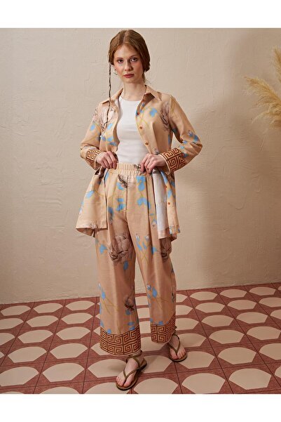 Kayra Leaf Printed Double Suit Camel