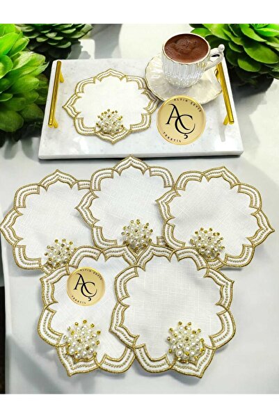 Altın Çeyiz Tekstil 6 Adet Gold İncili Yıldız Desenli Kokteyl Peçetesi Sunuml...