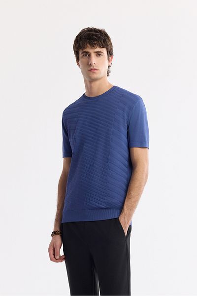 Avva Men's Indigo Crew Neck Front Jacquard Detailed Rayon Knitwear T-Shirt A51Y5004