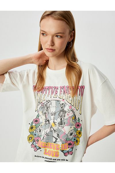 Koton Beige Oversized Printed T-Shirt