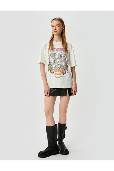 Koton Beige Oversized Printed T-Shirt