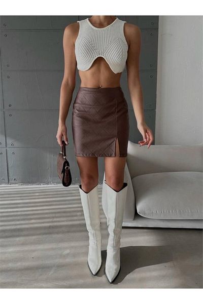 modaserdem    Quilted Leather Skirt with Slit - Brown