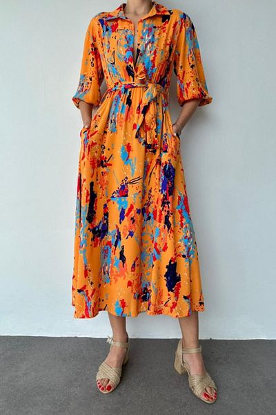 leyla sanat sanata yeni bir bakış açısı Leyla Art a New Perspective on Art Orange Floral Print Belt Dress