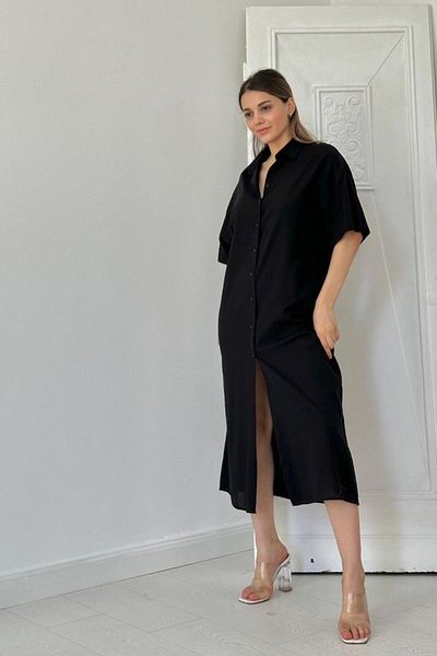 MODAVERA Black Linen Short Sleeve Dress