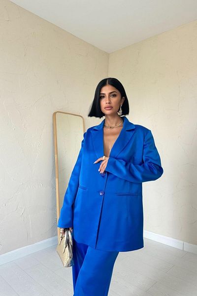 Deridün Yıldız Shoes Blue Satin Jacket and Pants Set