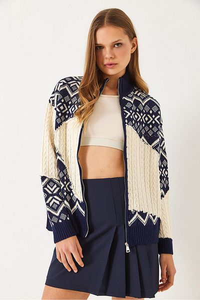 Bianco Lucci Women's Jacquard Zippered Knitwear Cardigan 20246327