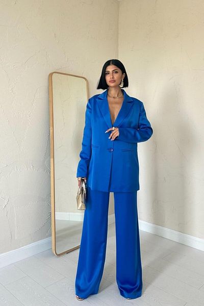 Deridün Yıldız Shoes Blue Satin Jacket and Pants Set